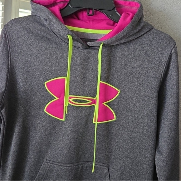 Under Armour Gray Hoodie with Pink Logo and Neon Accents - Picture 2 of 3